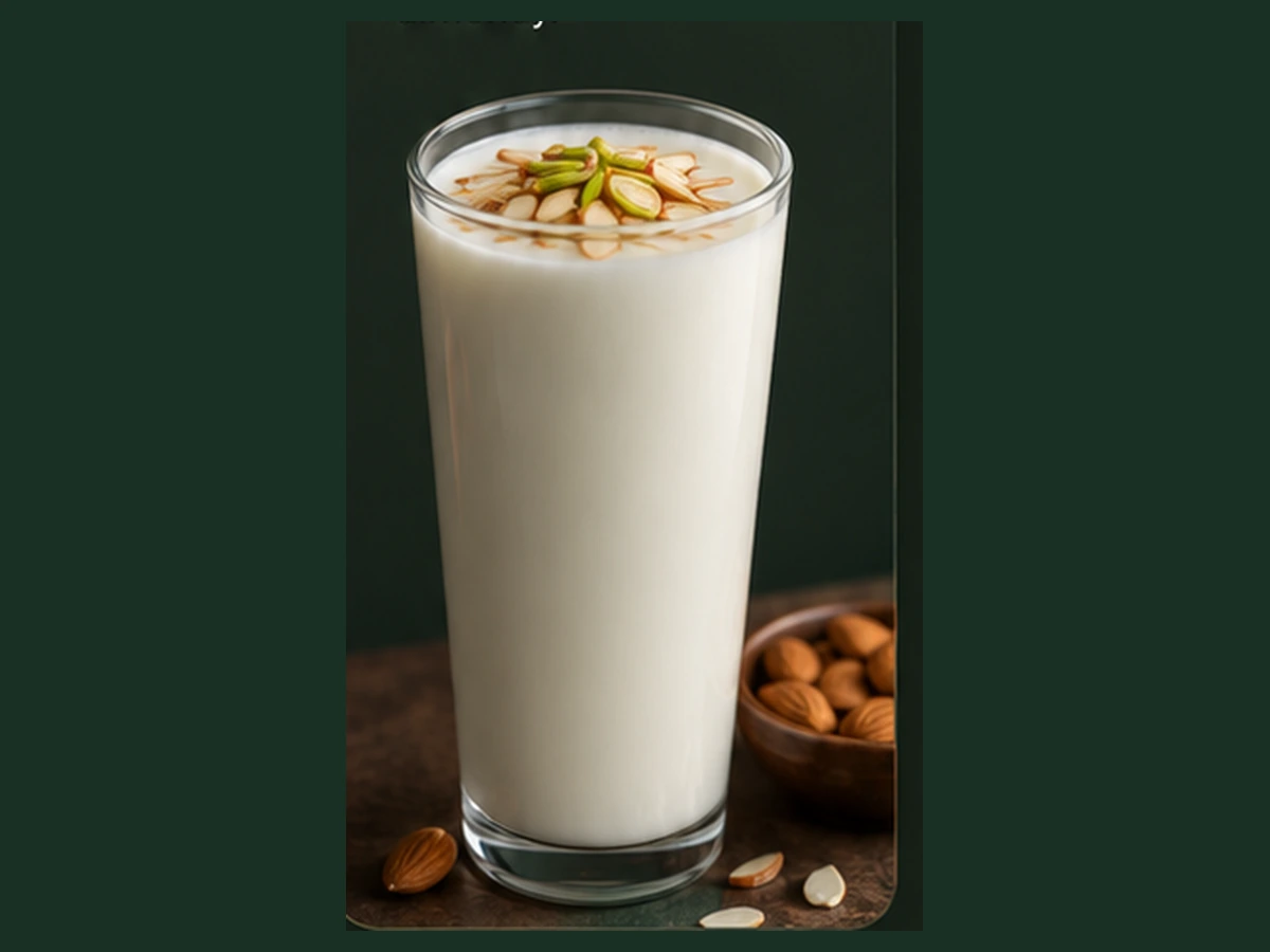 Badam Milk served in a long glass