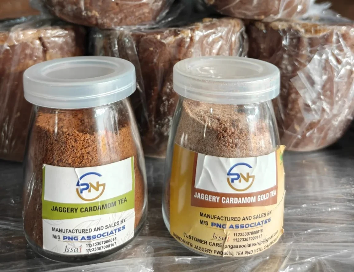 Actual PNG Associates jaggery cardamom tea premix jars